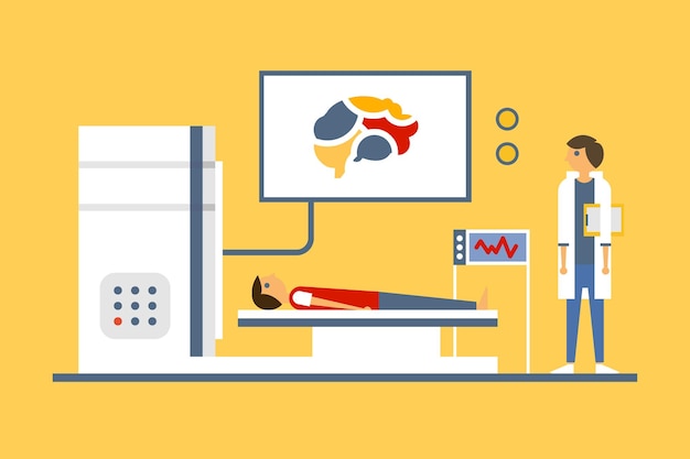 Doctor scanning patient brain, magnetic resonance imaging machine scanning a patient vector illustration in flat style, web design