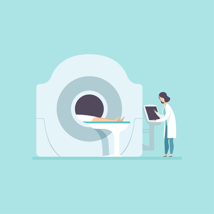 Vector doctor scanning patient with scanner machine mri scan and diagnostics concept vector illustration
