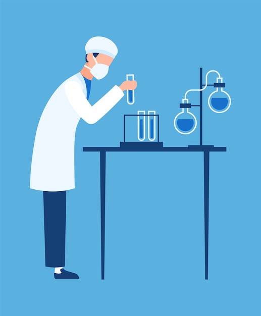 Vector doctor in science hospital laboratory. biologist carries out experiments in clinic lab, creating new medicine and vaccines, cartoon flat vector character, chemistry and pharmacy innovation concept