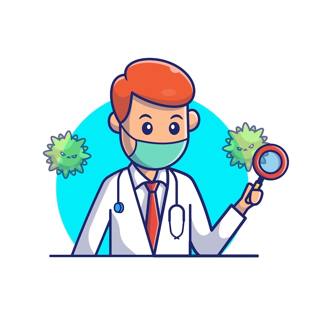 Doctor Searching for Virus Icon Illustration. Corona Mascot Cartoon Characters. Person Icon Concept White Isolated