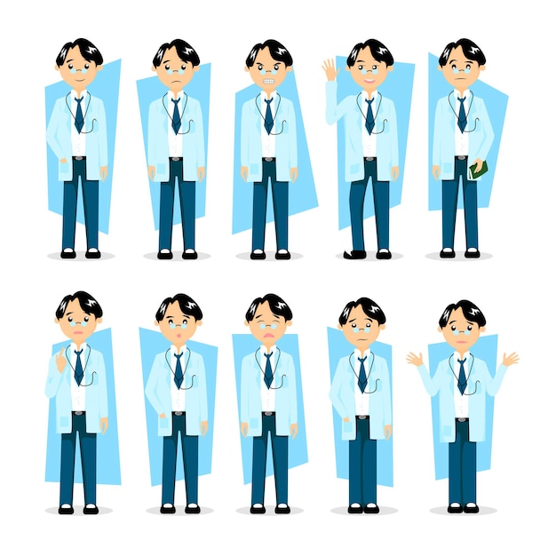 Medico set illustrazione, dottore in occupazione in stile cartone animato con diverse espressioni del viso, emozioni in varie azioni, pose, con stetoscopio, in camice da laboratorio, uniforme medica. design del personaggio.