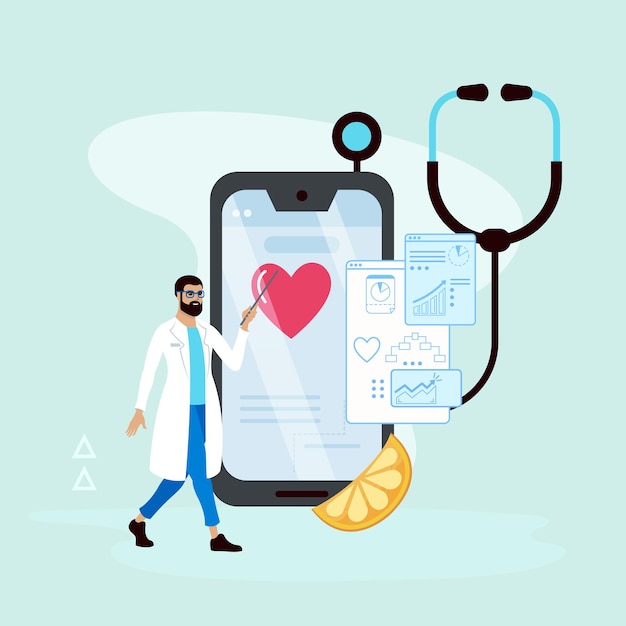 테스트 결과가 있는 모바일 앱을 보여주는 의사 온라인 의료 클리닉 온라인 의료 및 의료 상담 디지털 건강 개념