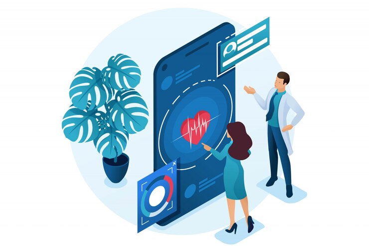 Vector doctor shows the patient how to use the application to maintain health. health care concept. 3d isometric.