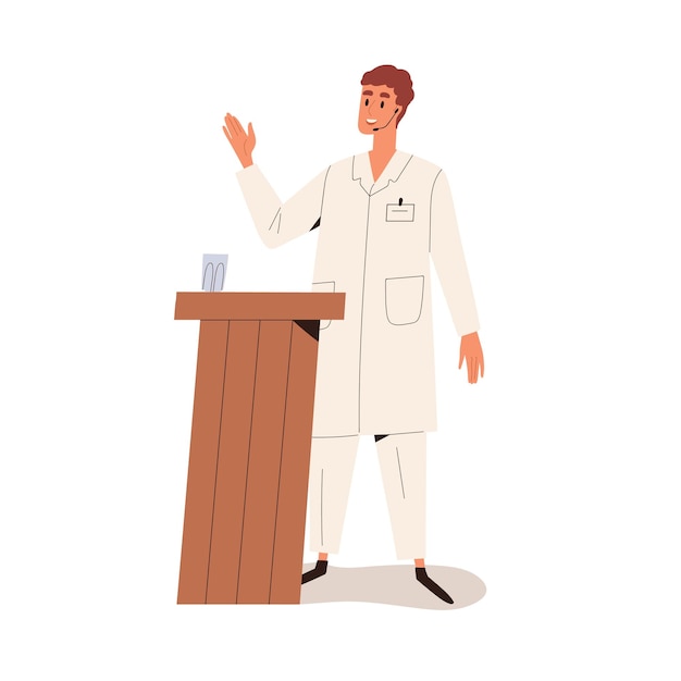 Doctor speaker behind podium. Medical, health lecture, speech of scientist at stand. Physician presenter with microphone speaking at rostrum. Flat vector illustration isolated on white background