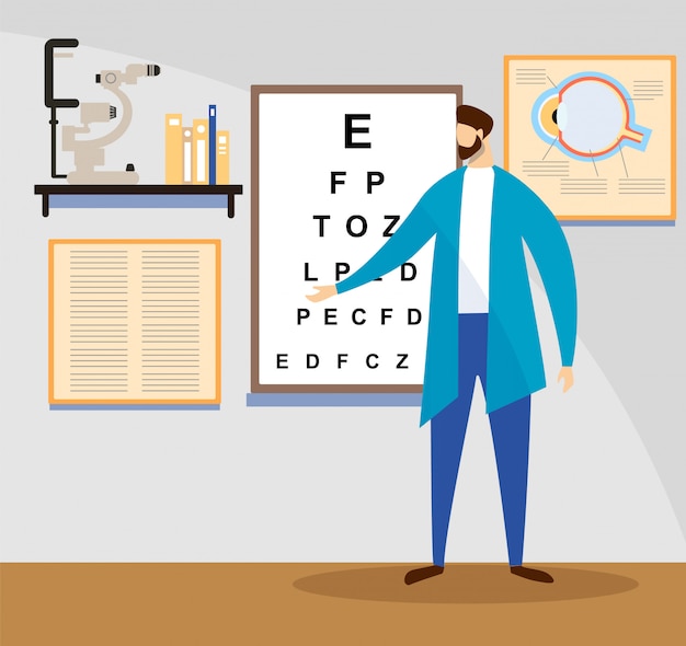 Vector doctor stand at sight check board for vision test.