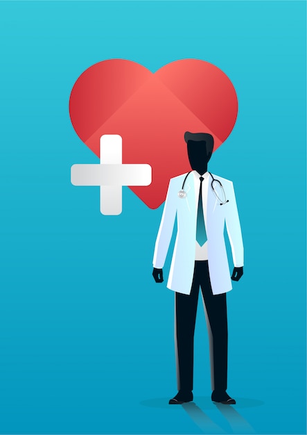 Doctor standing in front on first aid medical sign on red heart