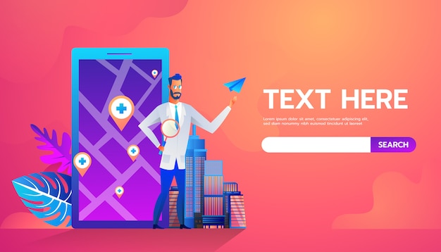 Dottore in piedi davanti a map su applicazione mobile online