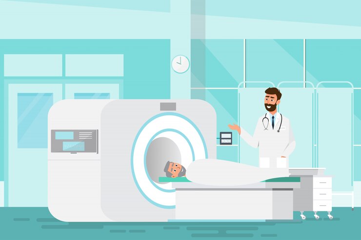 Vector doctor standing and man lying down for x-ray with mri scanner machine