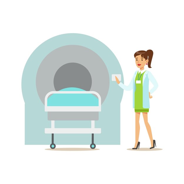 Doctor standing next to mri magnetic resonance machine hospital and healthcare illustration