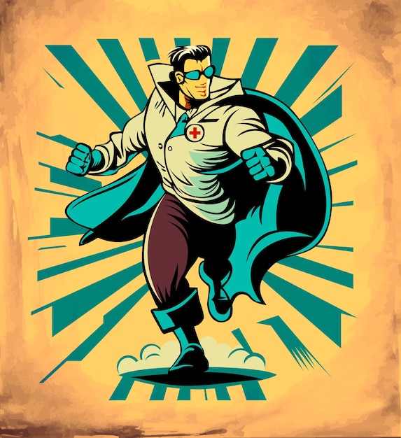 Vector doctor superhero character in dynamic running pose in retro cartoon comics style