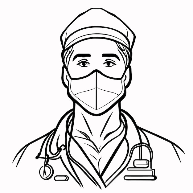 ベクトル 医師の外科面膜 手描きの平らなスタイリッシュな漫画のステッカー アイコンコンセプト 孤立したイラスト