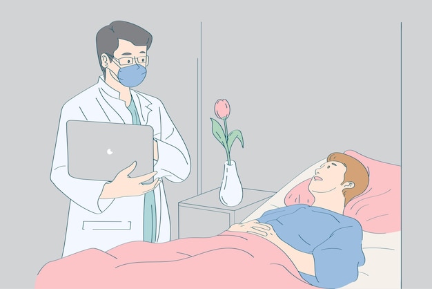 Врач проводит обследование и дает советы пациенту с цветной карикатурной плоской векторной иллюстрацией
