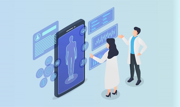 Doctor team analze patient medical human record on smartphone apps with isometric style