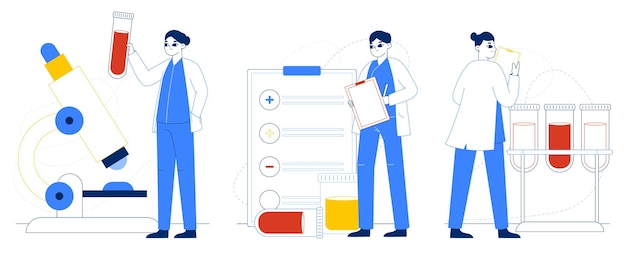 Doctor testing patients blood or urine medical tests Medical lab tests health check and medical consultation flat vector illustration set Health care laboratory tests