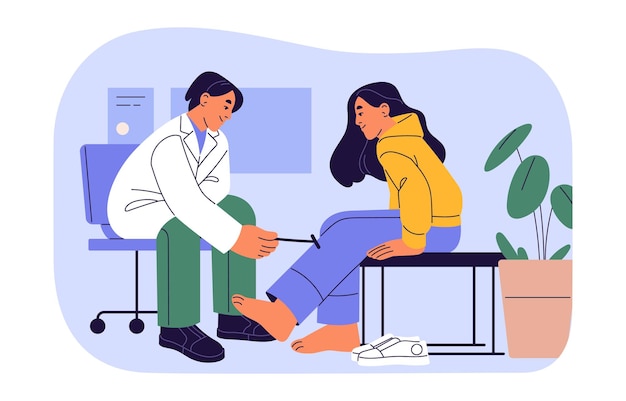 Doctor testing reflex Neurologist chek nerve medical examination and neurological diagnostic in hospital Patient in neurology consultation Flat isolated vector illustration on white background