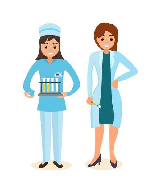 doctor and therapist standing beside nurse with analysis and research