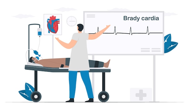 Vector doctor treats and diagnoses a patient. this heart disease called bradycardia arrhythmia. periodic signal is slow impulse response. isolated cardiology vector illustration.