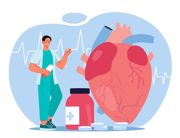 Doctor treats heart concept man in medical uniform with pills near iternal organ cardiovascular