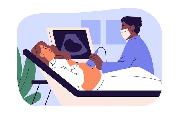 Dottore di diagnostica a ultrasuoni e gravidanza. paziente incinta su ultrasonografia, sonografia in ospedale. ostetrico che scansiona il bambino, esame di sonogramma. illustrazione vettoriale isolata piatta su bianco