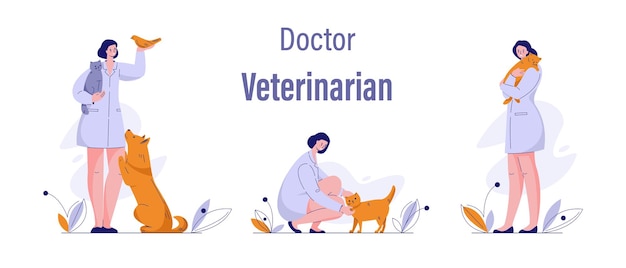 Medico veterinario con animali gatto cane uccello. serie di illustrazioni vettoriali in piano.