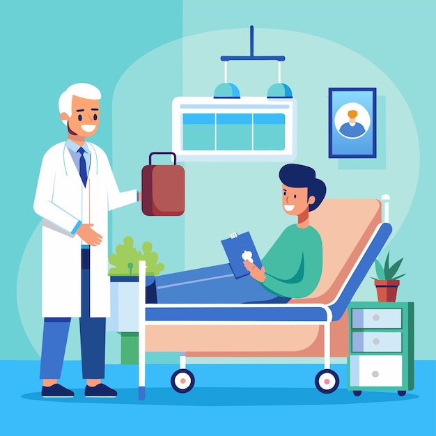 Vector doctor visiting patient in hospital room doctor visits patient in hospital room man lying in bed simple and minimalist flat vector illustration