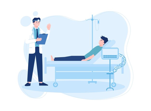 doctor visits patient in hospital room man lying in bed concept flat illustration