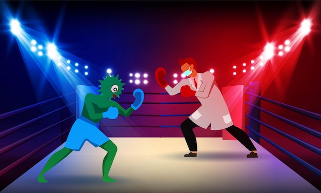 The doctor vs corona man at Boxing ring arena and spotlight vector design Deadly type of virus 2019nCoV Human vs virus