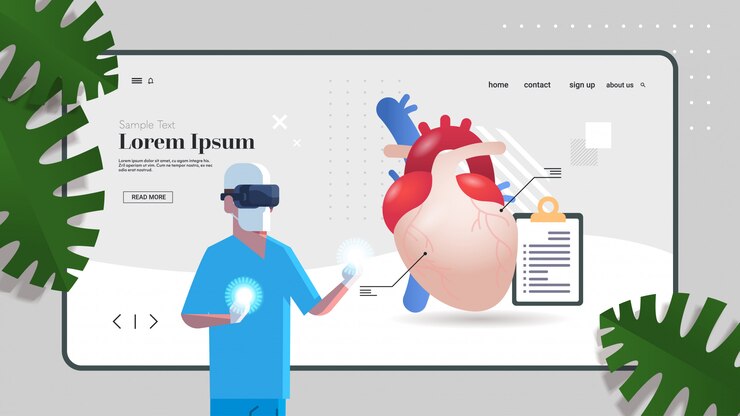 Vector doctor wearing vr glasses anatomical heart human body internal organ examination healthcare medicine virtual reality concept portrait copy space horizontal