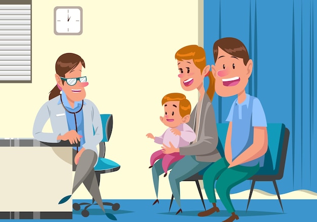 A doctor with a baby and a doctor sitting in a waiting room.