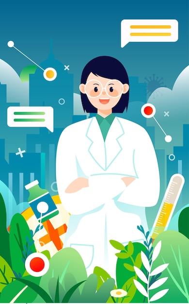 Doctor with crossed hands standing among plants and buildings vector illustration