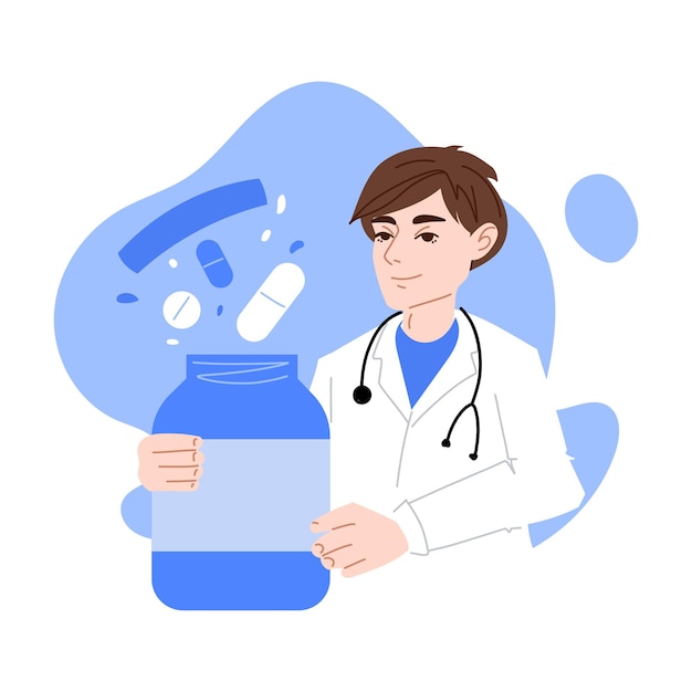 알약의 큰 팩을 가진 의사 의학 기록 질병 질병 약국 질병 알약 응급 처치 키트 압력 맥박 의학 가슴 건강 관리 개념 평면 스타일의 벡터 일러스트