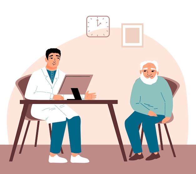 Vector doctor with patient elderly man in modern clinic urologist consultation of specialist