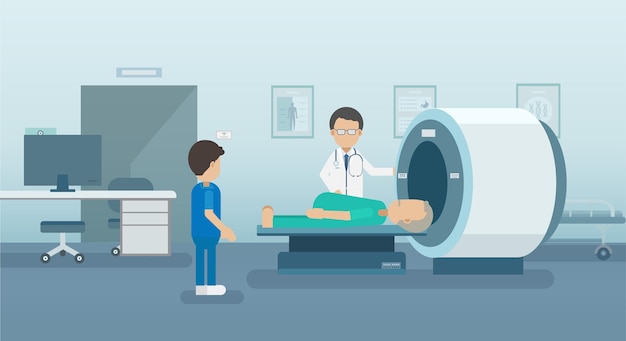 MRI 스캐너 벡터 일러스트 레이 션에 환자와 의사