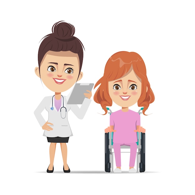 Doctor with patient woman sitting on wheel chair