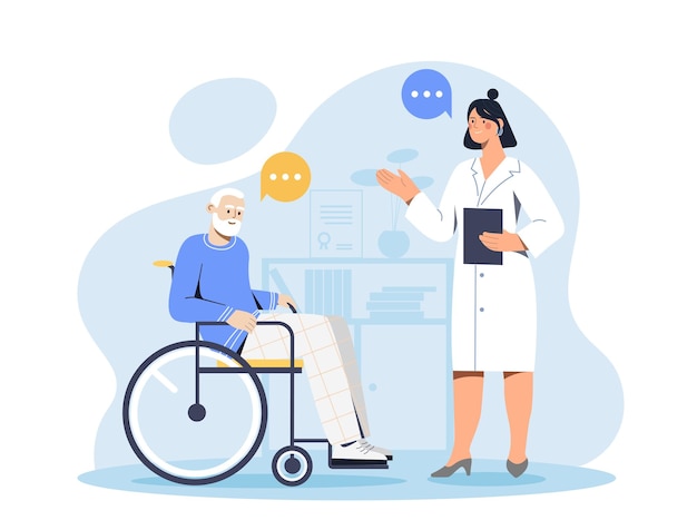 Doctor with pensioner at wheelchair Woman in medical gown communicates with old man Patient with disability Healthcare and medicine Flat vector illustration