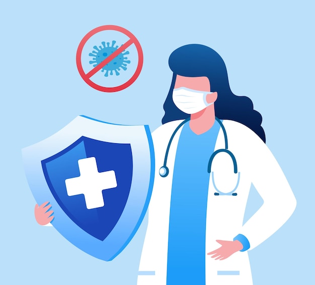 doctor with shield protection flat vector illustration for banner