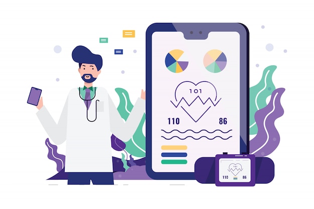 Доктор с умными устройствами и приложение для здоровья.