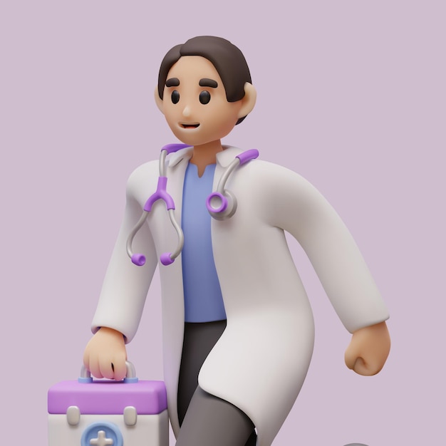 doctor with stethoscope around his neck running holding first aid kit