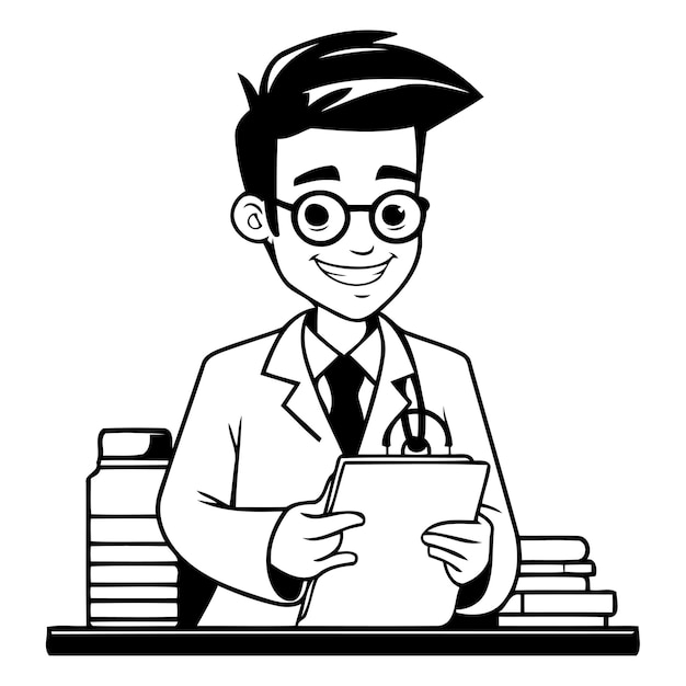 Doctor with stethoscope and clipboard Vector illustration in cartoon style