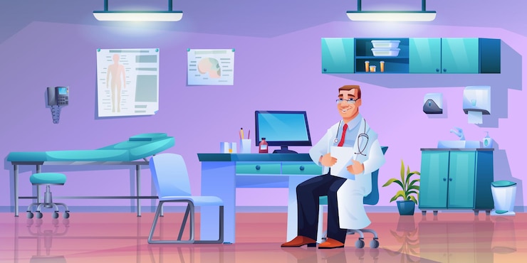 Vector doctor with stethoscope at workplace modern medical furniture