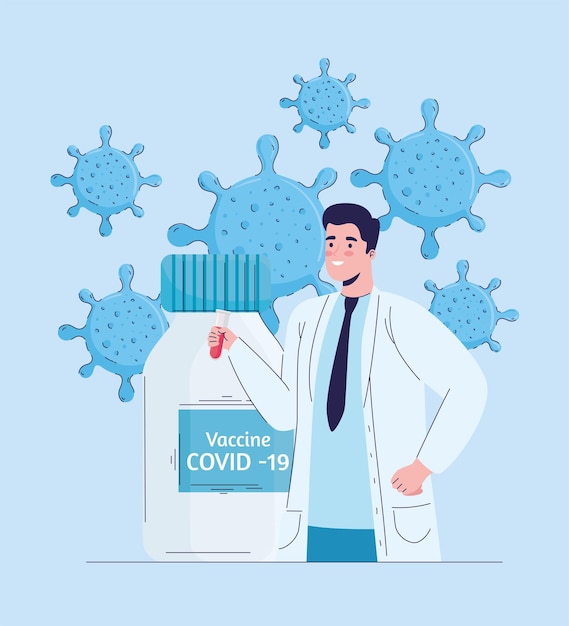 Doctor with virus vaccine vial and particles  illustration 