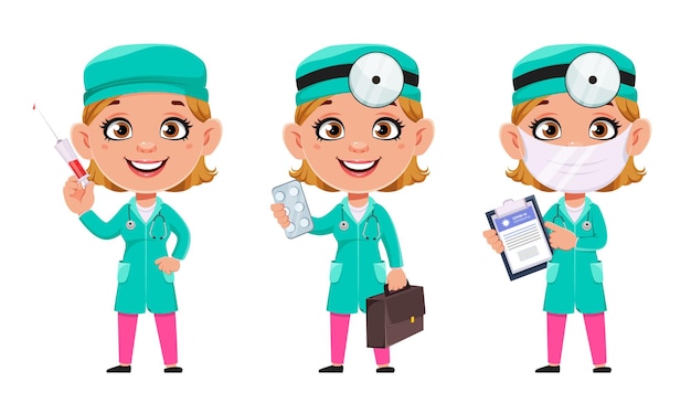 Doctor woman funny cartoon character set of three poses Beautiful female doctor