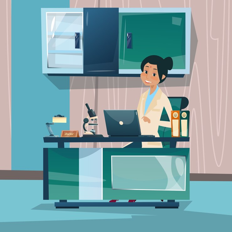 Vector doctor woman office clinic interior workplace
