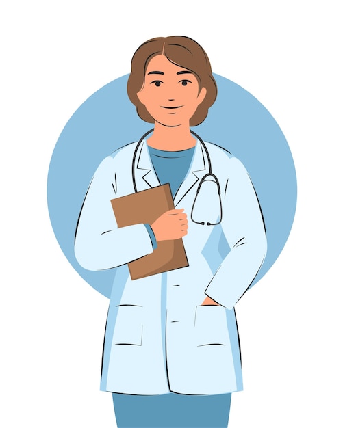 Vector doctor woman in white coat. friendly and caring medical worker.