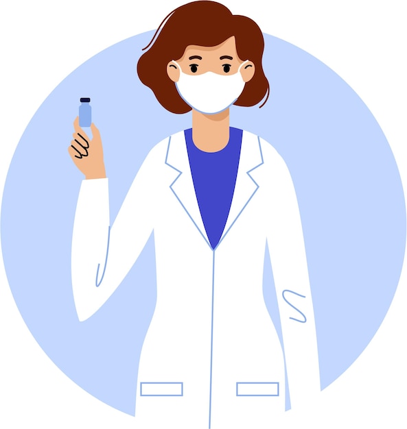 Doctor Woman with Coronavirus Vaccine on Round Background