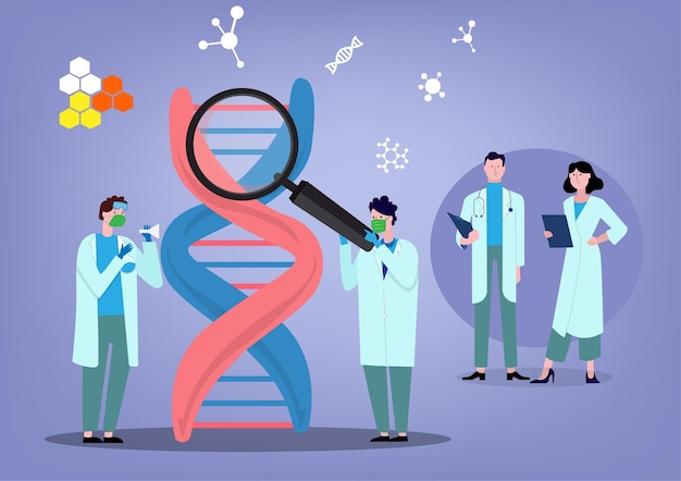 Consulenza sul lavoro del medico sull'illustrazione vettoriale della scienza del dna genetico gruppo di personaggi di concetto di scienziati che esaminano il concetto di illustrazione vettoriale piatta del dna