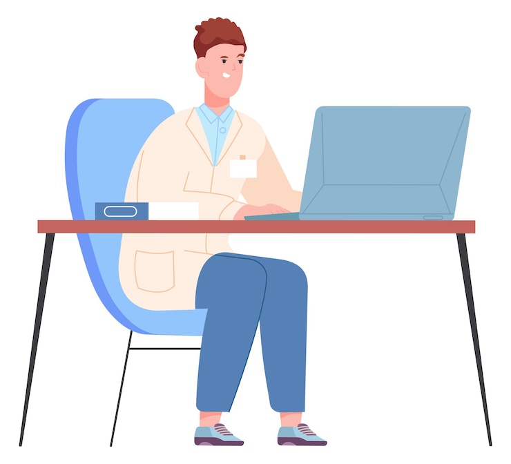 Vector doctor working at computer scientist workplace lab worker