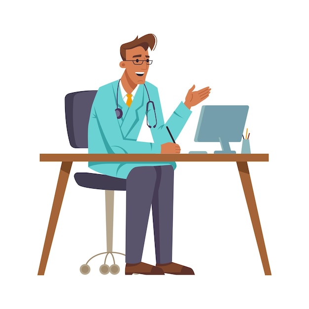 Doctor at workplace talking and gesturing sitting by computer general practitioner using laptop