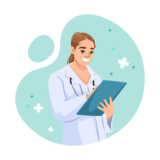 Doctor writing on clipboard with stethoscope Vector illustration