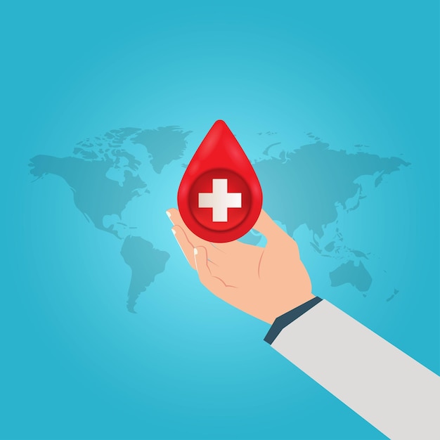 Vector doctor39s hand with blood drop and white cross inside world hemophilia day vector illustration